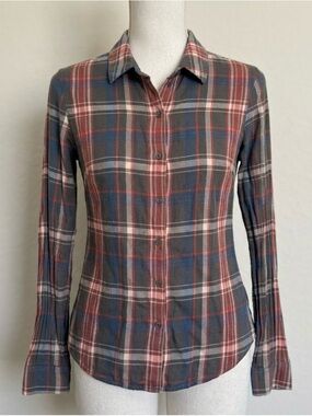 Standard James Perse Plaid Linen Blend Button Up Flannel Top Sm Country Western